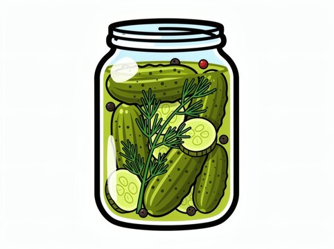 Pickle jar holds several green cucumbers and sprigs of dill submerged in brine within a transparent glass vessel which is displayed against a clean white surface.