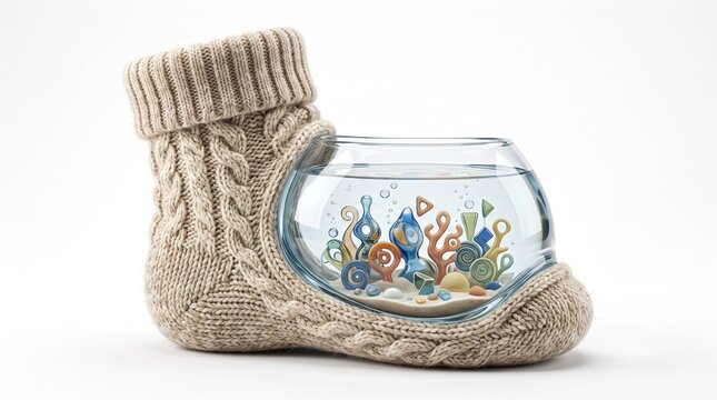 Surreal wool sock fishbowl concept, creative knitted aquarium with miniature coral reef, cozy winter wool textile art, whimsical home decor idea