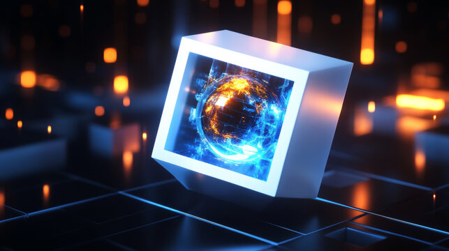 Floating digital earth inside a futuristic glowing cube wireframe