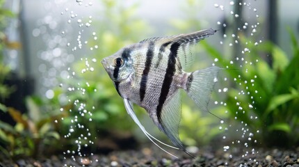 Fototapeta premium Zebra angelfish, Pterophyllum scalare, swimming gracefully inside aquarium