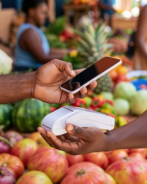 Mobile payment at outdoor fruit market with smartphone and card reader