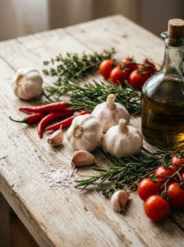 Fresh garlic tomatoes herbs and olive oil on wooden table