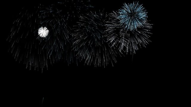 Crisp silver and ice blue peony shells cross the frame during a smooth lateral camera drift. Ten second seamless animation for New Year greetings, midnight parties and festive holiday titles.