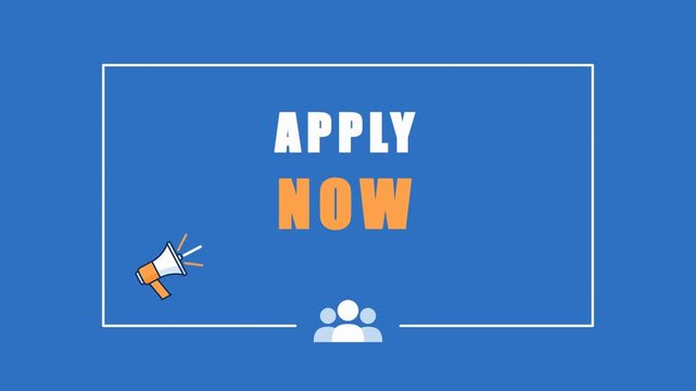 Hiring animation with apply now text and megaphone icon on blue background. 4K Video