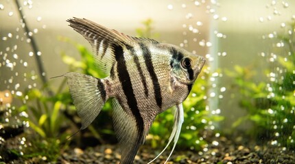 Fototapeta premium Zebra angelfish, Pterophyllum scalare, swimming gracefully inside aquarium