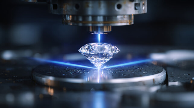 High precision laser manufacturing and cutting process on a sparkling diamond scene