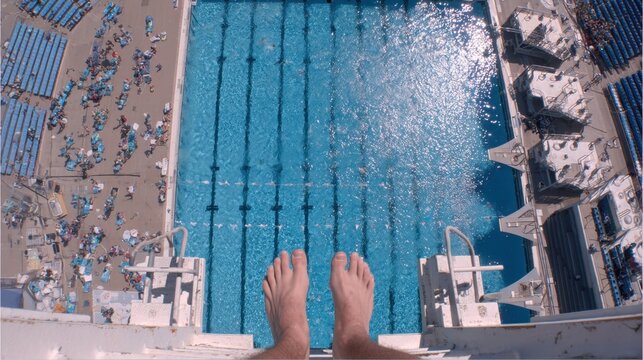 A high angle shot looking down at a swimming pool from a diving platform.