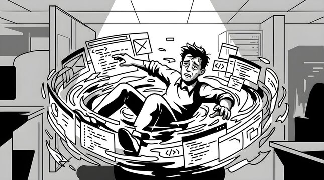 Creative professional overwhelmed by digital information overload.