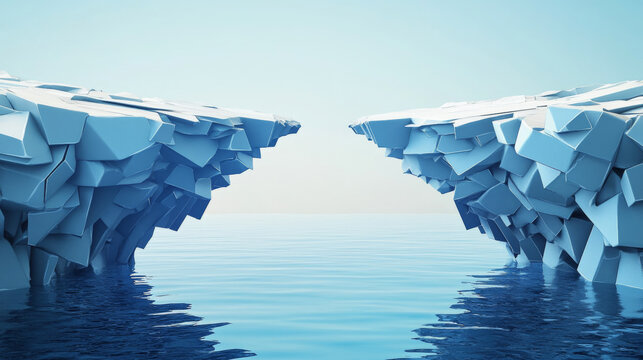 Blue polyhedral iceberg with calm water surface and abstract digital 3D render background