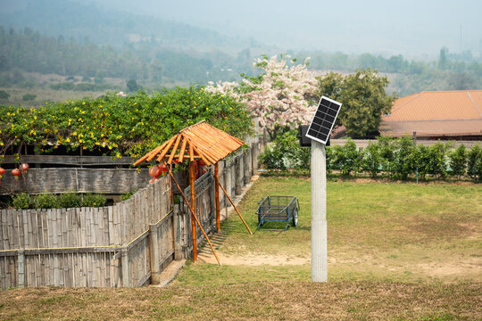 Cheap ecological solar energy in rural farm, small solar panel mounted on pole in countryside, alternative green energy in tropical countries, pillar with panel at village backyard generating energy.