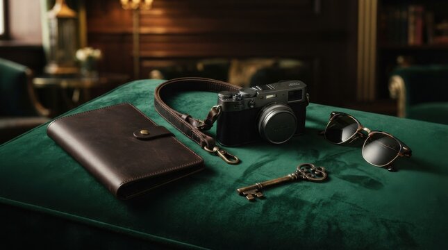 Vintage camera with leather wallet sunglasses and antique key on green velvet fabric