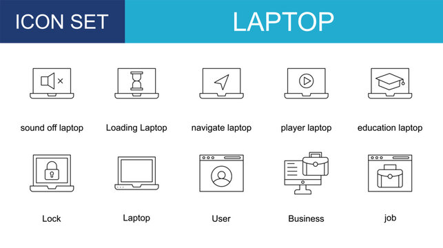 laptop icon collection set. with sound off laptop,Loading Laptop,navigate laptop,player laptop,education laptop,Lock,Laptop