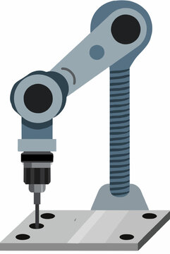 Industrial robotic arm drilling precision holes into a metal sheet, flat design minimalist vector icon illustration for manufacturing automation and engineering concepts detailed commercial stock