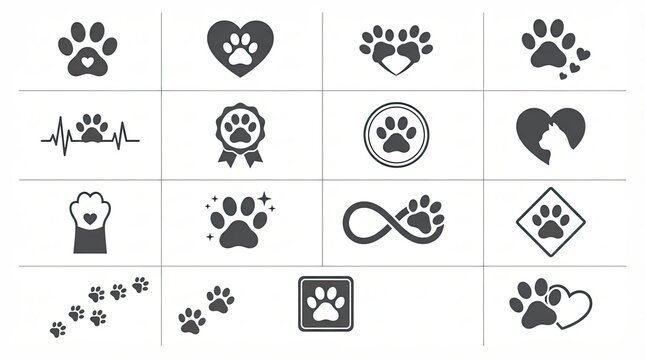 Set of black dog and cat paw print icons with heart and infinity shapes for design