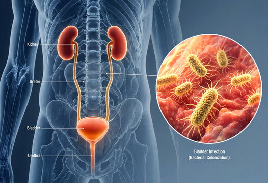 Human Urinary System Showing Bladder Infection With Bacterial Colonization Illustration