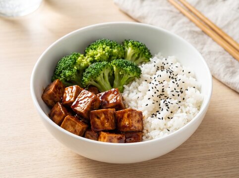 Healthy rice bowl with grilled tofu broccoli and black sesame seeds in a ceramic dish broccoli vegetarian japanese nutrition culinary homemade delicious