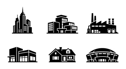Fototapeta premium Modern City Buildings, Industrial Factory, Residential House, Sports Arena Icons Set