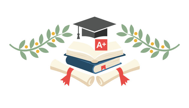 Education and graduation symbols featuring a mortarboard cap, stacked books, grade, scrolls, and olive branches.