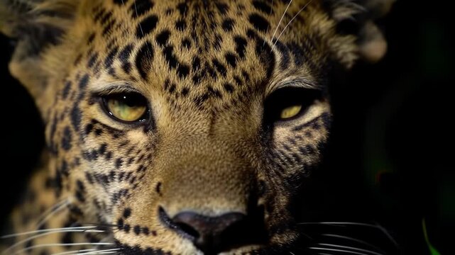 Extreme close-up of a leopard's face with intense yellow eyes emerging from the darkness of a jungle at night, highlighting detailed spotted fur patterns and whiskers.