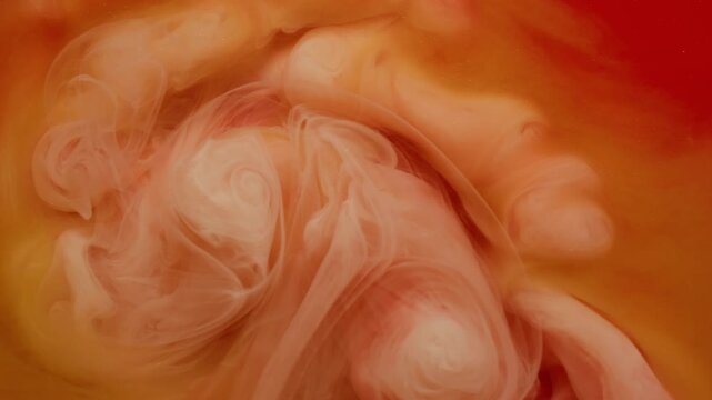 Turbulence paint. Smoke explosion. Cloud color spray flow vivid liquid. Red orange white fume abstract swirl blend defocused background.