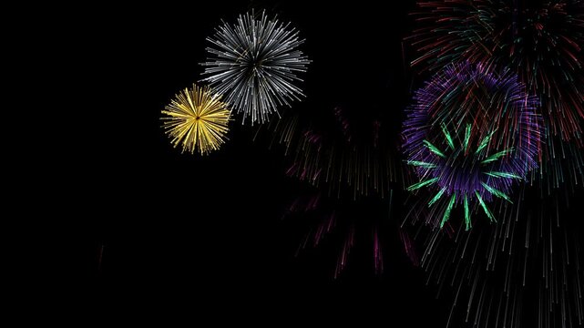 A dense succession of peony, willow, ring and palm fireworks fills layered depths during a sweeping camera move. Ten second seamless animation for New Year greetings, midnight parties and festive holi