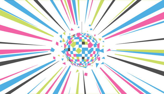 Dynamic vector graphic featuring a colorful disco ball with explosive radial speed lines on white background.