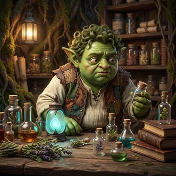 Green fantasy alchemist brewing glowing potions in rustic magical workshop