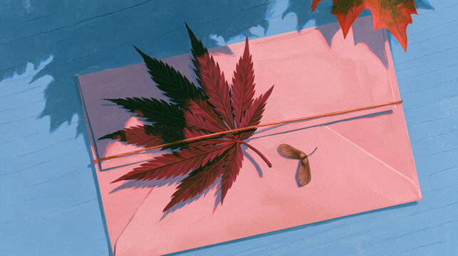 Autumn Cannabis Leaf on a Pink Envelope with Maple Seed
