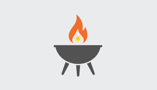 Fire pit barbecue grill icon featuring a bright orange flame and yellow starburst on a light gray background.
