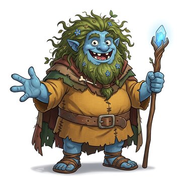 Friendly blue forest troll holding glowing crystal staff isolated on white