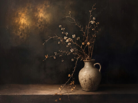 Vintage autumn dried flowers in ceramic jug still life oil painting print. Moody rustic dark floral wall art with antique clay pitcher and brass bowl