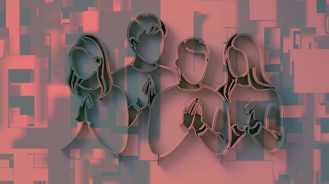 Christian people group. They clasped hands and prayed for blessings from God. Believers with prayer hands show faith and religion. Superstition and high power. Background with Christian crosses.