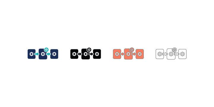 Four distinct workflow process icon set featuring gear symbols inside rectangular boxes connected by directional arrows representing sequential automation steps for business operations and systems