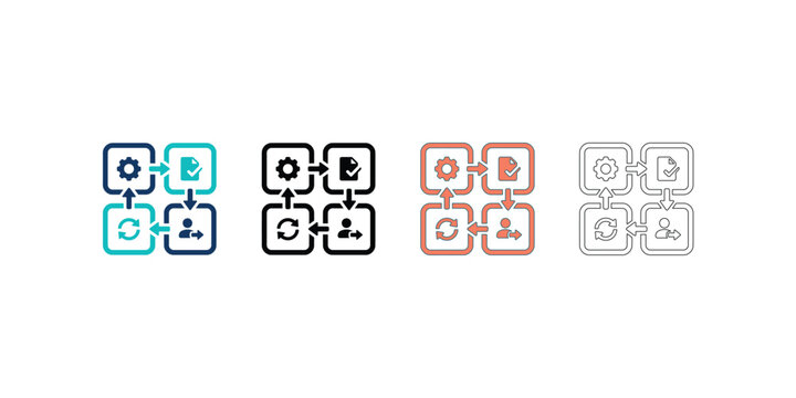 Four distinct business process workflow icons featuring gear, document, user, and cycle symbols arranged in a square diagrammatic flow for corporate management, strategy, and operations planning