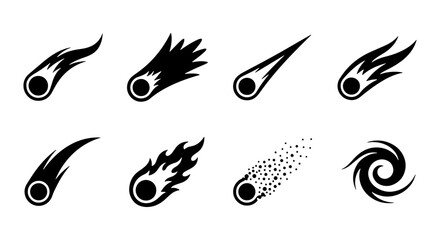 Meteorite Icons Set, Falling Stars Vector Graphics, Cosmic Debris Symbols, Space Phenomena Illustrations © Ayra