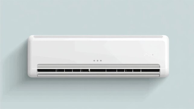 Modern white air conditioner unit isolated on a clean background, sleek rectangular design with horizontal vents and minimal buttons, realistic vector illustration of household electrical equipment