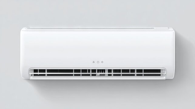 Modern white air conditioner unit isolated on a clean background, sleek rectangular design with horizontal vents and minimal buttons, realistic vector illustration of household electrical equipment
