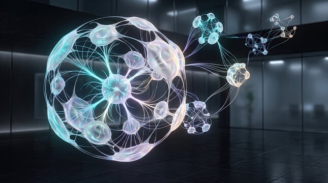 Futuristic holographic 3d abstract sphere displaying complex data structures in dark digital space