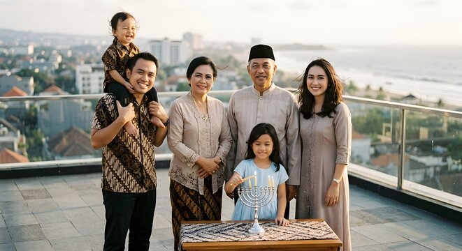 Happy Multi Generation Indonesian Family Celebrating Special Occasion On Rooftop At Golden Hour