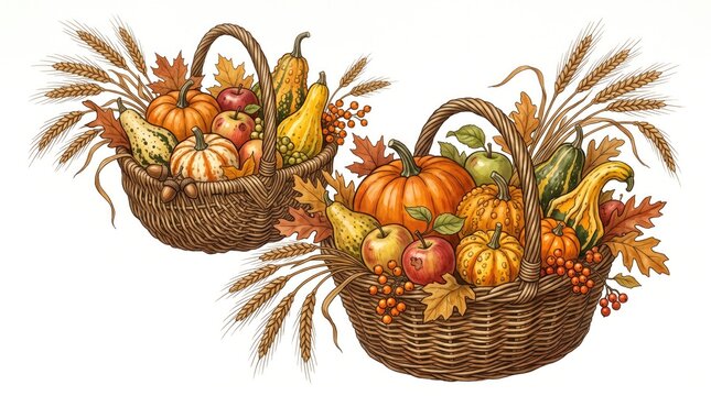 Celebrating the harvest season two woven baskets overflowing with autumn's bounty fruits and vegetables