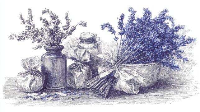 Detailed hand-drawn floral composition featuring lavender sprigs, herbal sachets, and a fragrant essential oil container