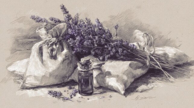 Botanical style drawing of lavender bouquet with cloth sacks beside it, complemented by a small essential oil vial in soft natural tones