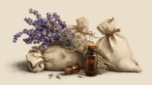 Botanical style drawing of lavender bouquet with cloth sacks beside it, complemented by a small essential oil vial in soft natural tones