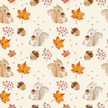 seamless pattern with autumn leaves watercolor hand draw 