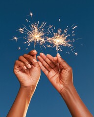 Naklejka premium Two hands holding lit sparklers against deep blue background, golden sparks flying, warm glow on skin, festive celebration moment
