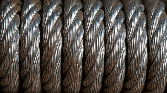Tightly packed steel wire ropes, horizontal steel cable bundle showing worn metal grooves and rugged manufacturing surface  