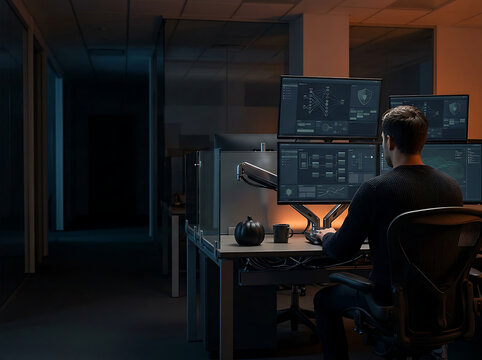 Male Security Operations Center Analyst Monitoring Cyber Security Threat Feeds on Multiple Screens in a Dark Office Environment