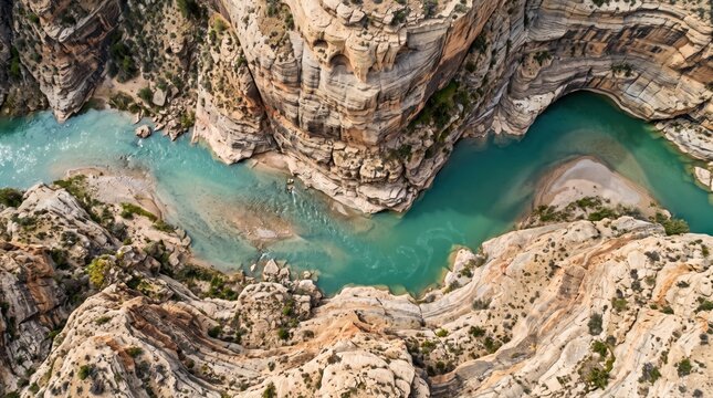 Aerial view of a turquoise river flowing through a deep, winding desert canyon with layered sandstone rock formations and sparse green vegetation along the banks