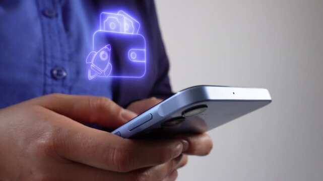 Successful entrepreneurship. Female corporate leader using her mobile phone, featuring a virtual icon of a wallet with a rocket.