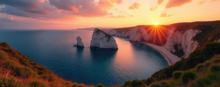 Three Cliffs Bay, panoramic sunset view, golden light on cliffs , scenic, cliffs, sand